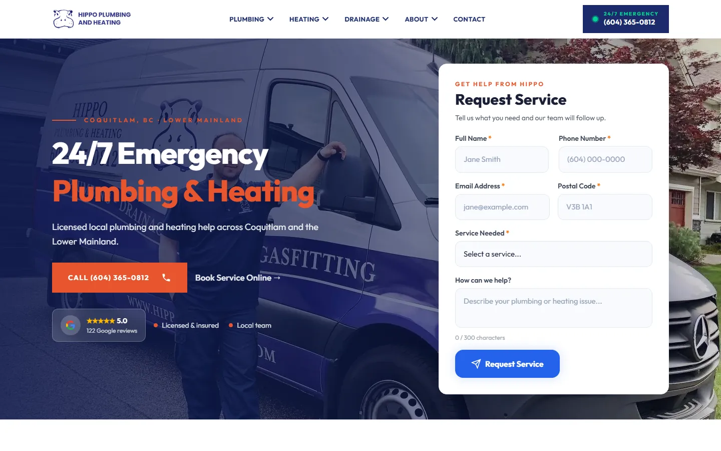 Hippo Plumbing and Heating website screenshot